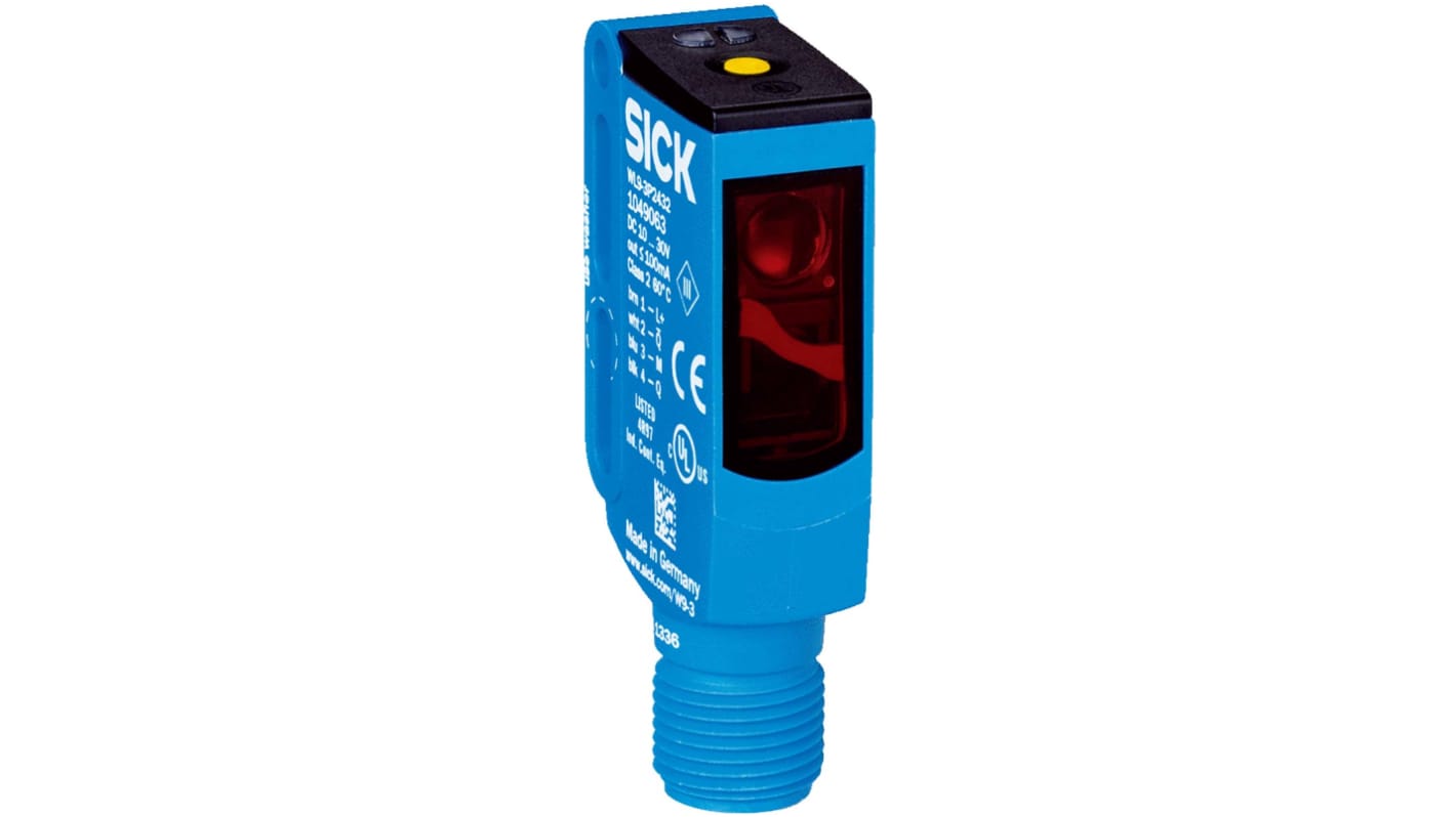 Sensore fotoelettrico rettangolare Sick WL9C-3P2432A70 a retroriflessione, rilevamento fino a 5 m, uscita PNP, connettore M12.
