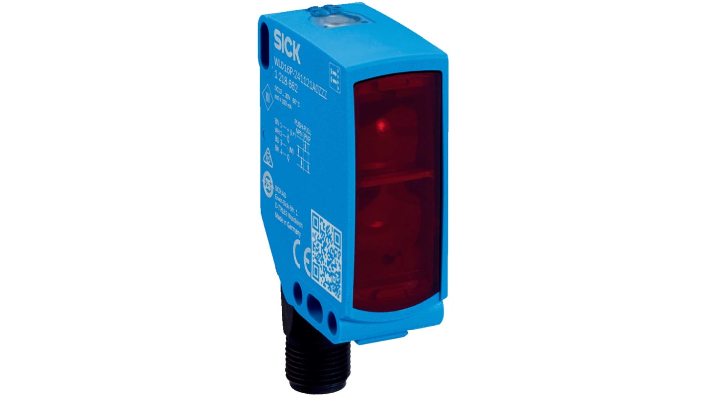 Sensore fotoelettrico rettangolare Sick WLD16P-241121A0ZZZ, rilevamento a retroriflessione fino a 14 m, connettore M12.