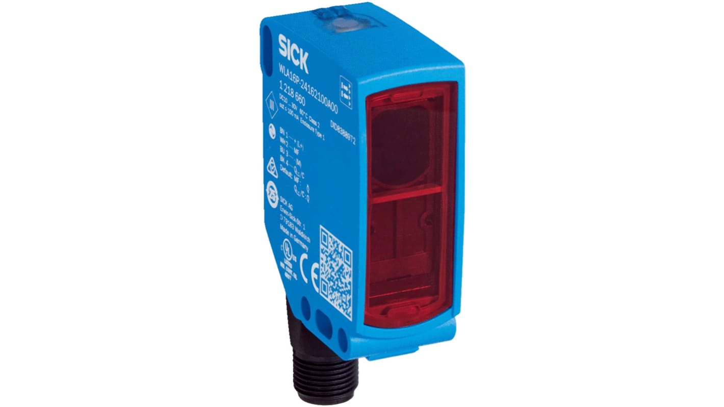 Sensore fotoelettrico rettangolare Sick WLA16P-24161100A00Z, rilevamento a retroriflessione polarizzata fino a 10 m, uscita NPN/PNP.