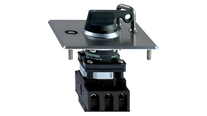 Modulo isolatore Schmersal NHS63, 3 poli, 63A, IP67, montaggio a flangia in acciaio inox, vita meccanica 1.000.000 operazioni.