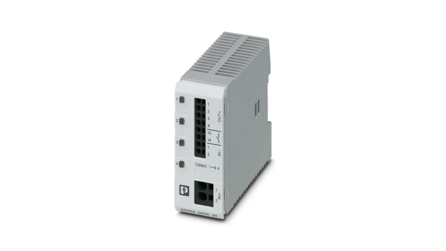 Interruttore elettronico di circuito Phoenix Contact, 8A, 24V CC, montaggio su guida DIN, dimensioni 90mm x 36mm x 98mm.
