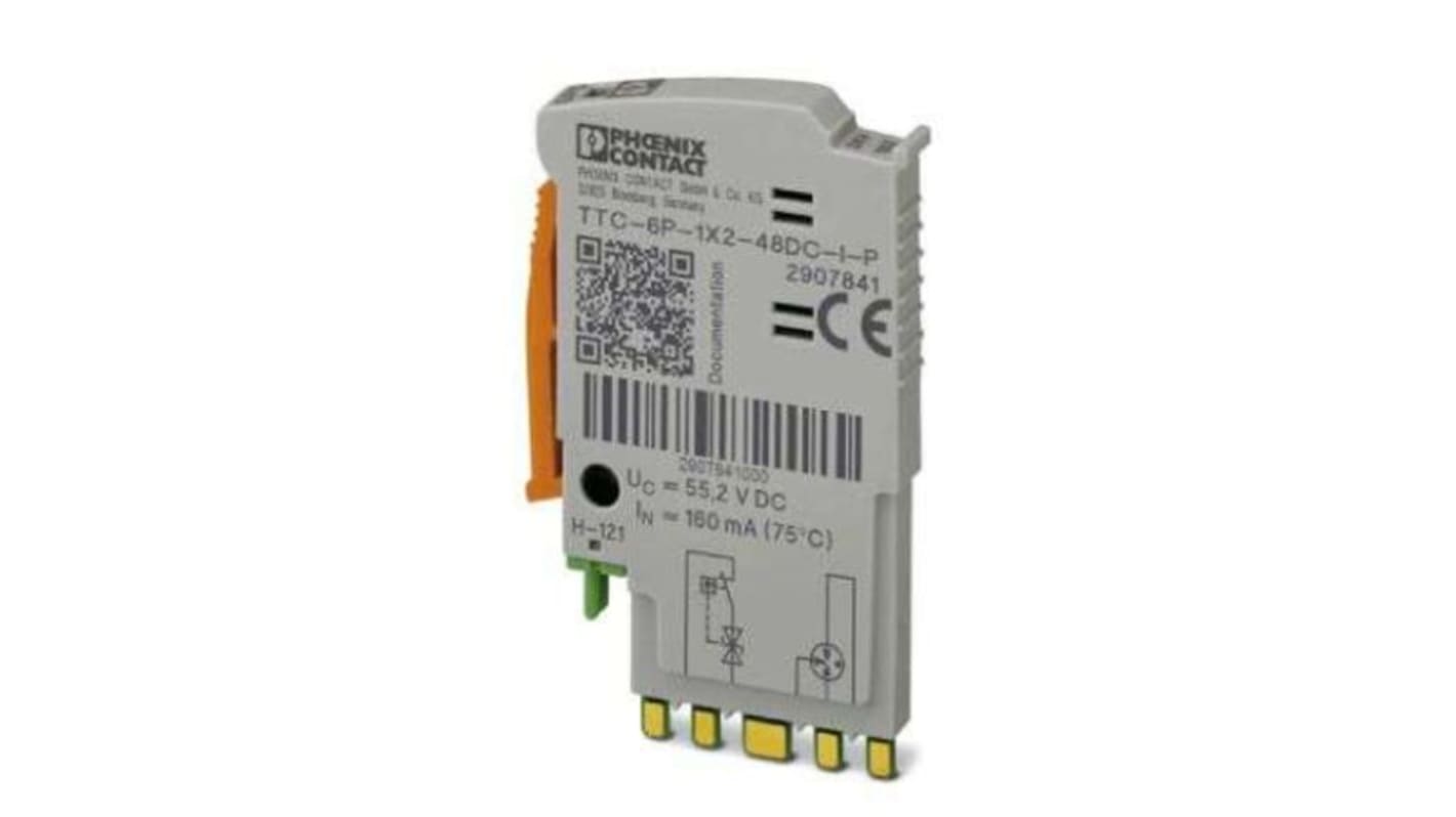Connettore maschio di protezione contro le sovratensioni Phoenix Contact, modello TTC, per guida DIN, grado di protezione IP20, temperatura operativa -40/+80 °C.