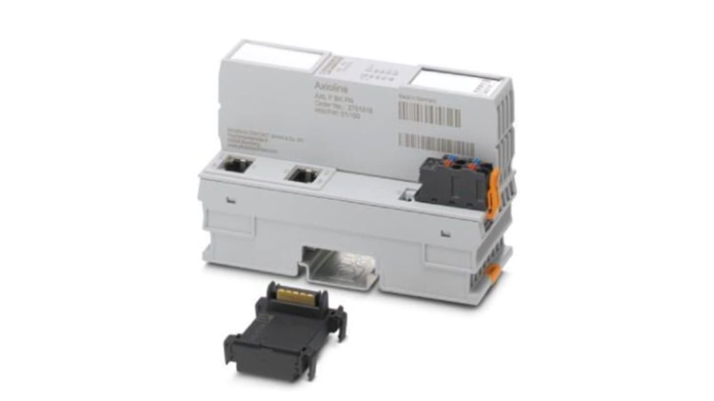 Modulo di espansione Phoenix Contact 2701815 per Axioline F, accoppiatore bus PROFINET, 2 porte RJ45, dimensioni 126,1 x 45 x 74 mm.