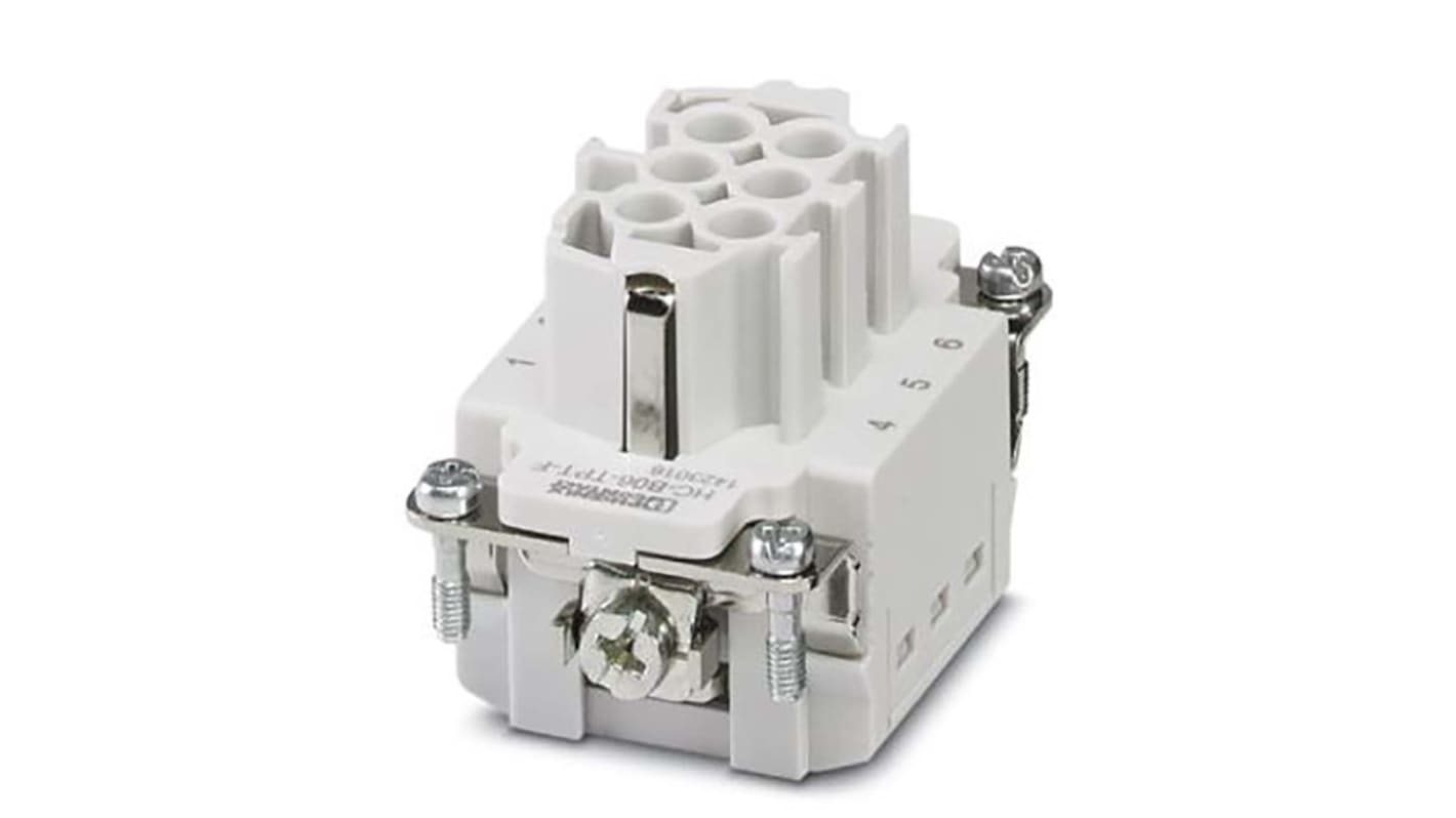 Connettore femmina serie HC 6 vie 16A Phoenix Contact 1423016 per contenitore HEAVYCON B6. Contatti in lega di rame, temperatura operativa -40 °C a 125 °C, grado di inquinamento 3. Ideale per applicazioni industriali.