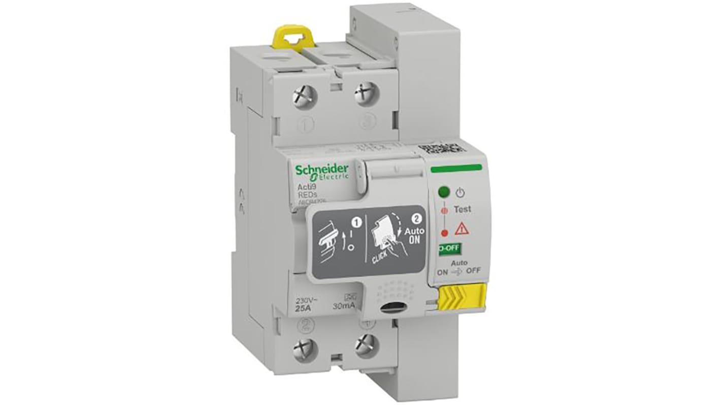 Interruttore differenziale Schneider Electric A9CR4225, 2 poli, 25A, montaggio su guida DIN, sensibilità 30mA, IP20.
