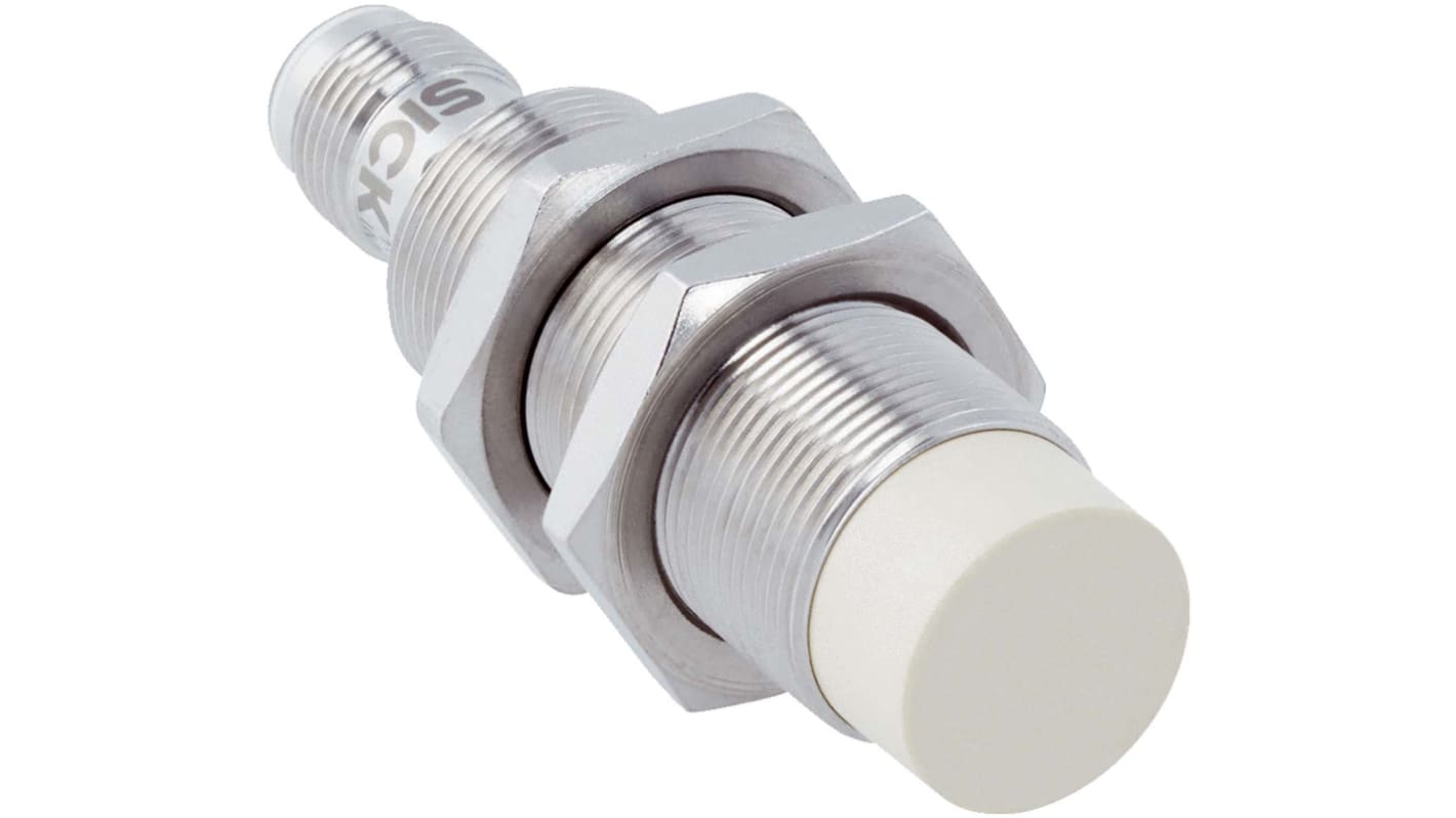 Sensore di prossimità Sick IMF18-12NPONC0S, cilindrico PNP NC, rilevamento 12 mm, IP68/IP69K, acciaio inox, connettore M12.