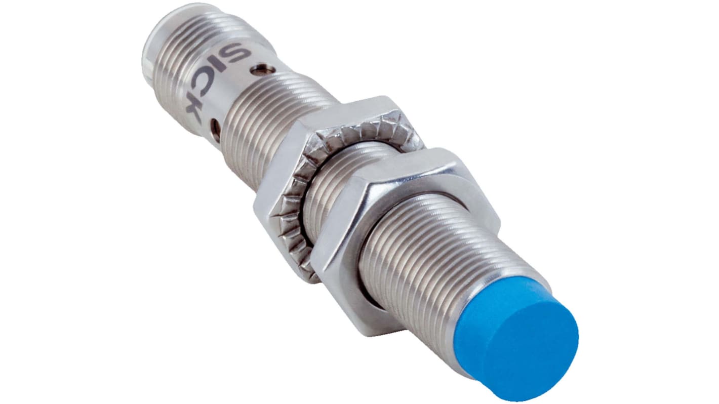 Sensore di prossimità cilindrico NPN M12 Sick IMB12-08NNPVC0S, rilevamento 8 mm, custodia in acciaio inox, IP68/IP69K.