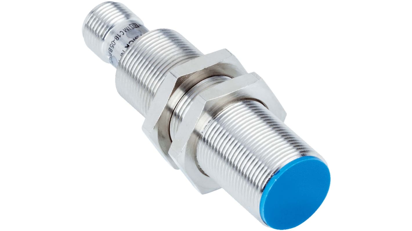Sensore di prossimità cilindrico Sick IMC18-07BPDZC0SA05, PNP, M18, rilevamento 7 mm, IP67, montaggio a filo, connettore M12.