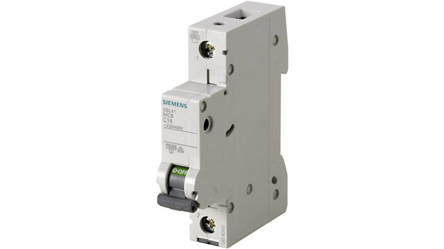 Interruttore magnetotermico Siemens 5SL4108-7, 1P 8A, 10 kA, montaggio su guida DIN, dimensioni 18 mm x 90 mm.