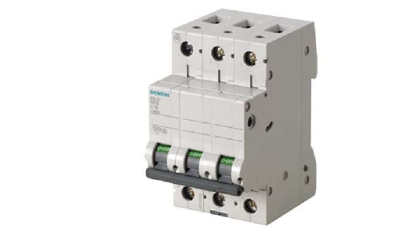 Interruttore magnetotermico Siemens 5SL4302-7, 3 poli, 2 A, 10 kA, montaggio su guida DIN, dimensioni 54x76x90 mm.