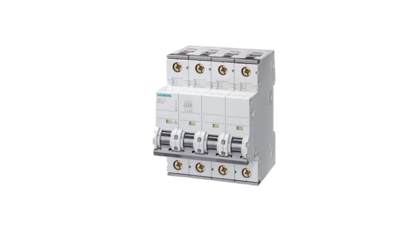 Interruttore automatico miniaturizzato Siemens 5SY4616-7, 16A 10kA, 72V c.c. per grandi edifici e industrie. Conforme a EN 60898 e EN 60204-1, 4 poli.