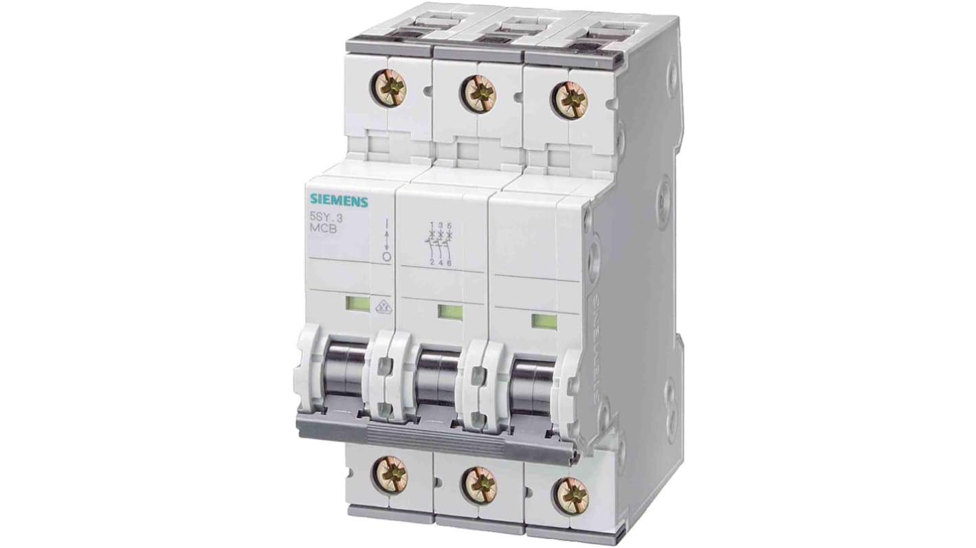 Interruttore magnetotermico Siemens 5SY4305-8, 3 poli, 500mA, 400V, montaggio su guida DIN, dimensioni 76x54x90mm.