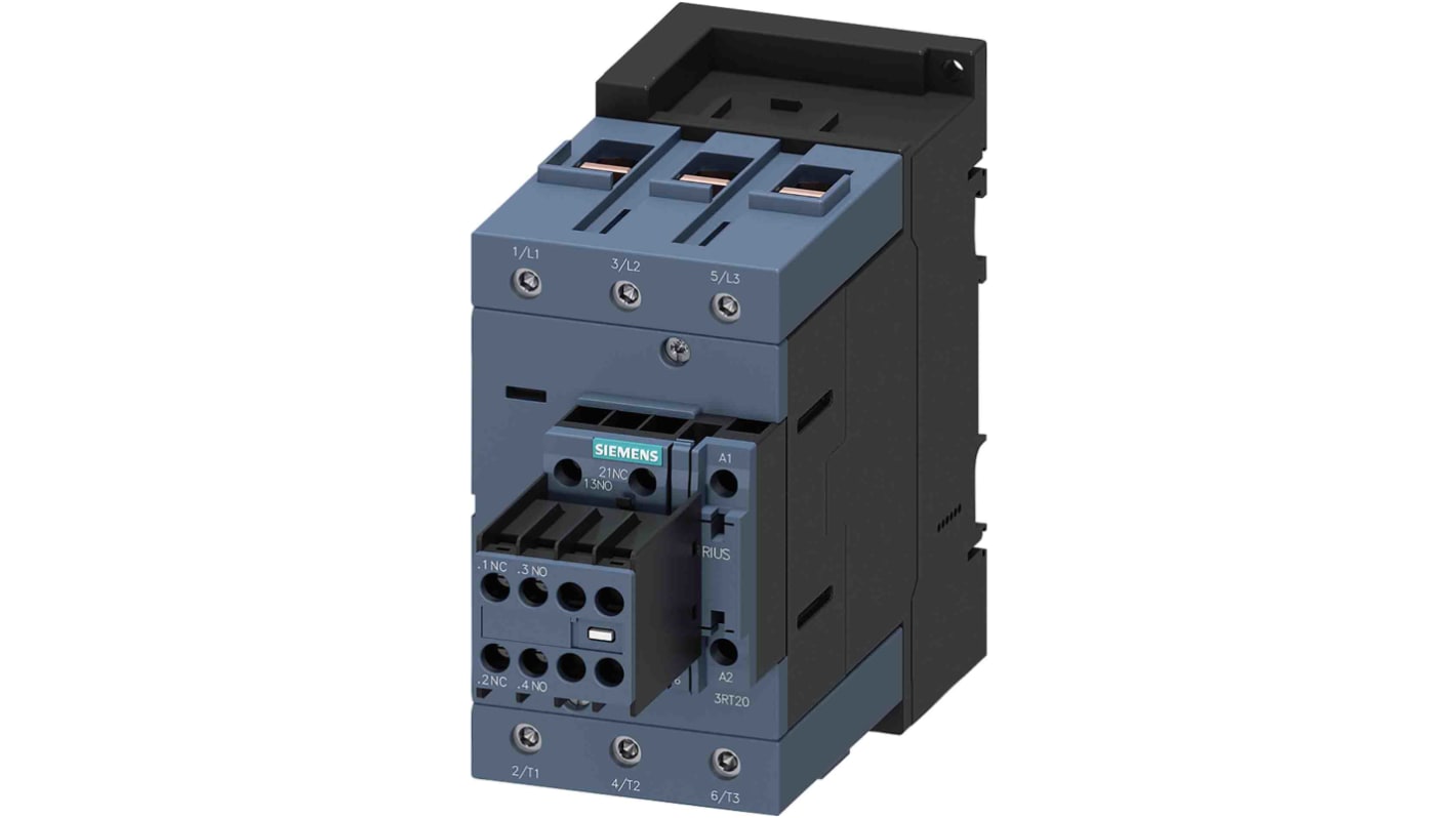 Contattore Siemens 3RT2046-1AL24, 3 poli, 2 NO + 2 NC, bobina 230 V c.a., corrente 95 A, design compatto, collegamento rapido.