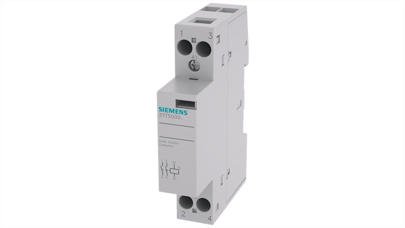 Contattore Siemens 5TT5800-2, 2 poli, 2 NA, 20 A, bobina 24 V, per applicazioni industriali e residenziali.
