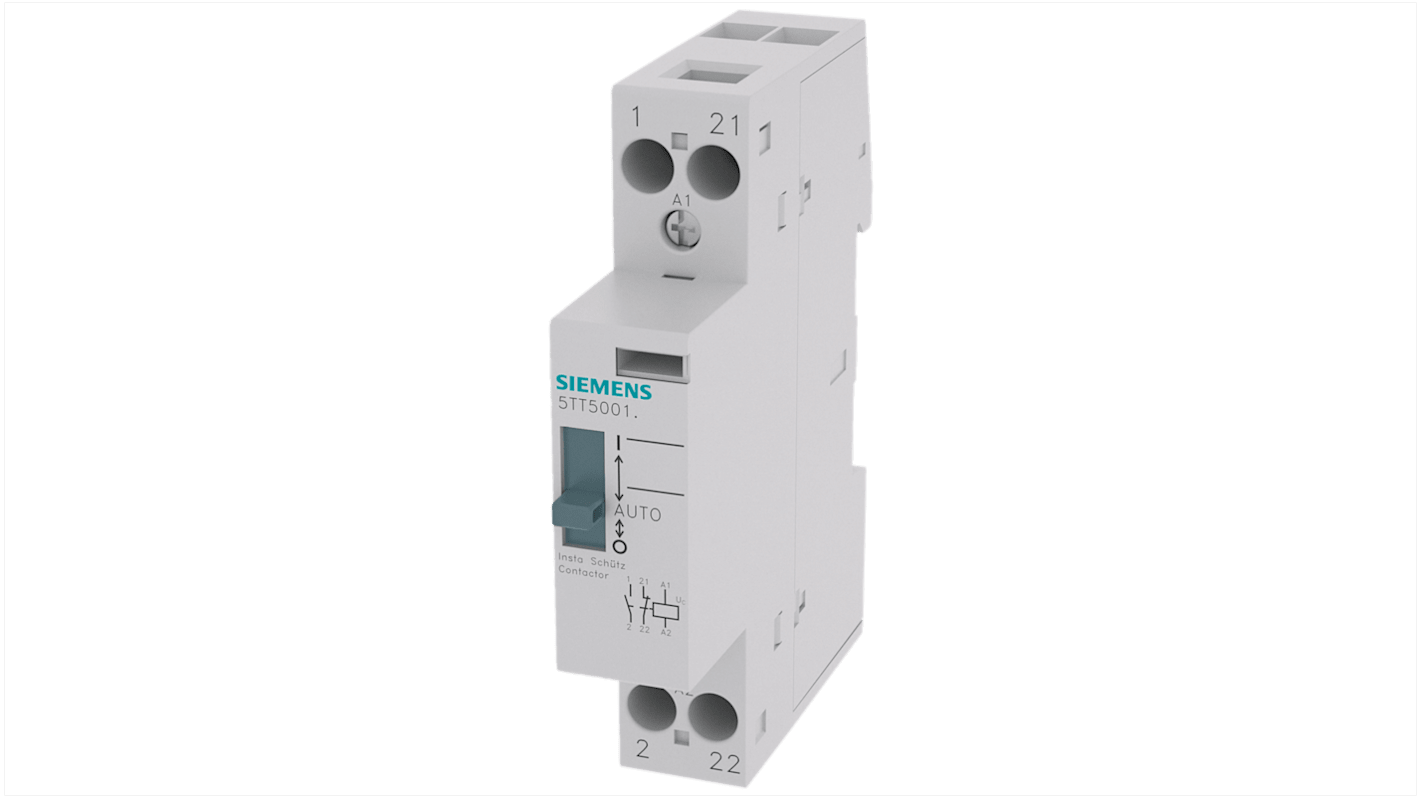 Contattore Siemens 5TT5801-8, 2 poli, 1 NO + 1 NC, 20 A, bobina 24 V, per applicazioni industriali e residenziali.