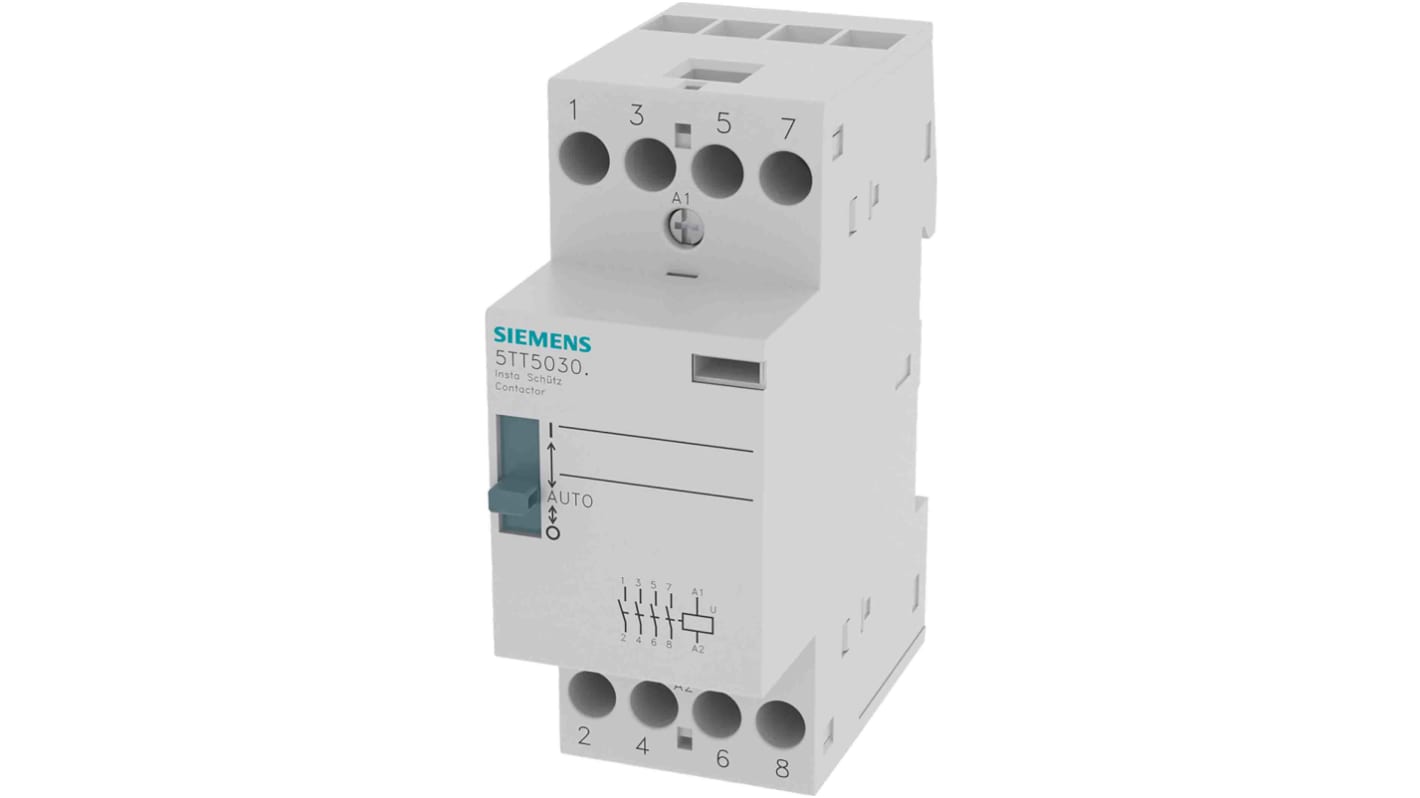 Contattore Siemens 5TT5830-6, 4 poli, 25 A, 2 kW, bobina 230 V c.a., progettato per applicazioni industriali e residenziali.