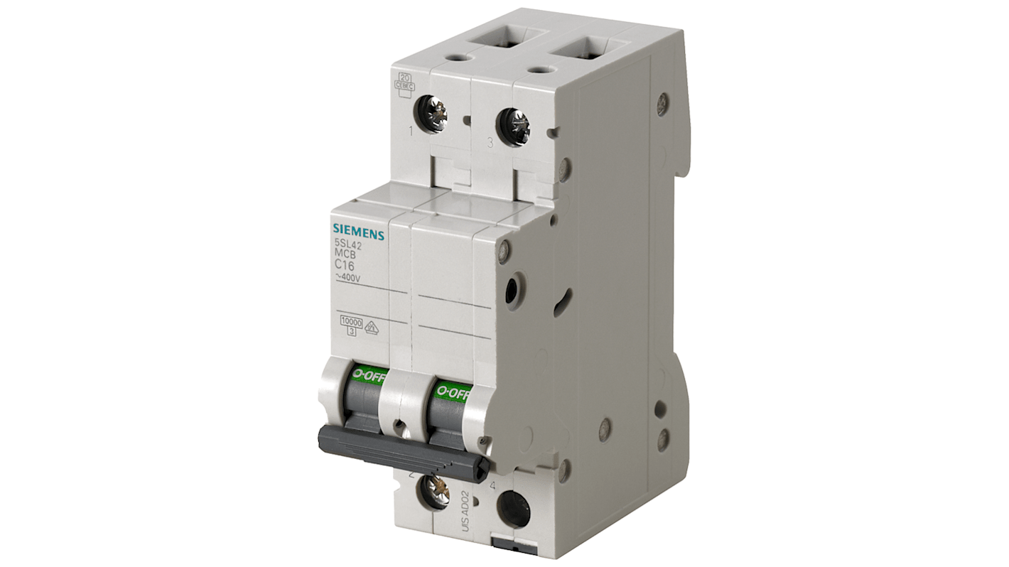 Interruttore automatico miniaturizzato Siemens 5SL4201-7, 2P 1A, Tipo C. Capacità di interruzione 10 kA, tensione 400 V c.a. Protezione cortocircuiti per edifici e industria.