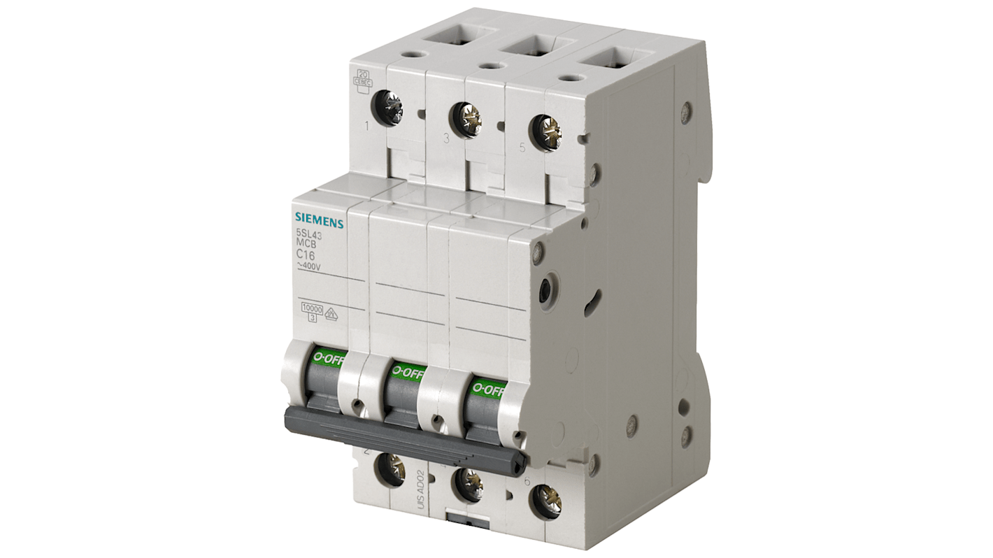 Interruttore automatico miniaturizzato Siemens 5SL4304-7, 3P 4A, Tipo C. Protezione cortocircuiti 10 kA, tensione 400 V, classe IP20. Per infrastrutture elettriche industriali.