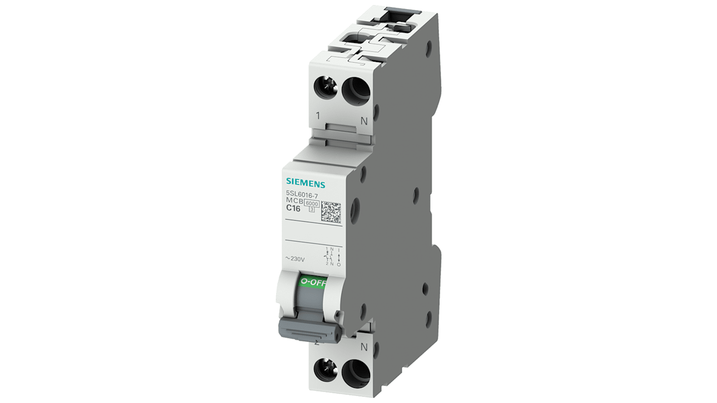 Interruttore magnetotermico Siemens 5SL6010-6, 1P+N, 10 A, 230 V, montaggio su guida DIN, larghezza 18 mm, classe di protezione IP20.