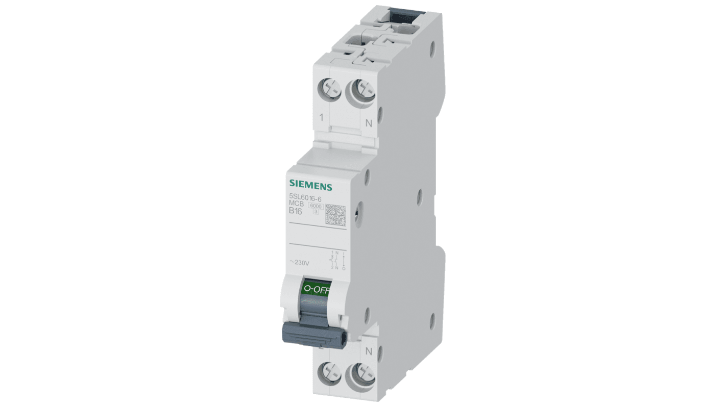 Interruttore magnetotermico Siemens 5SL6016-6, 1P+N, 16A, 230V, montaggio su guida DIN, dimensioni 18x90x76mm, grado di protezione IP20.
