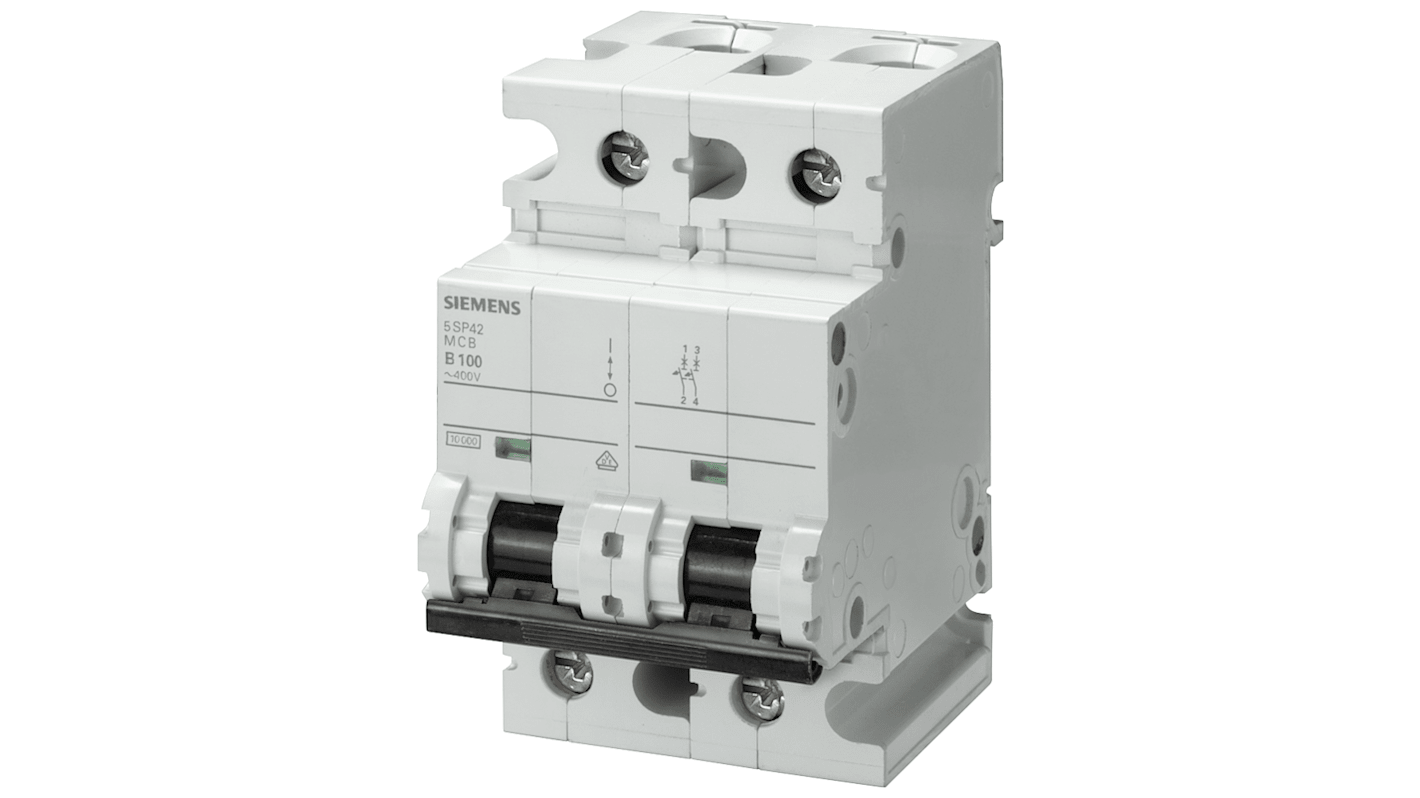 Interruttore magnetotermico Siemens 5SP4292-6, 2 poli, 125 A, 400 V, montaggio su guida DIN, dimensioni 90x54x76 mm.
