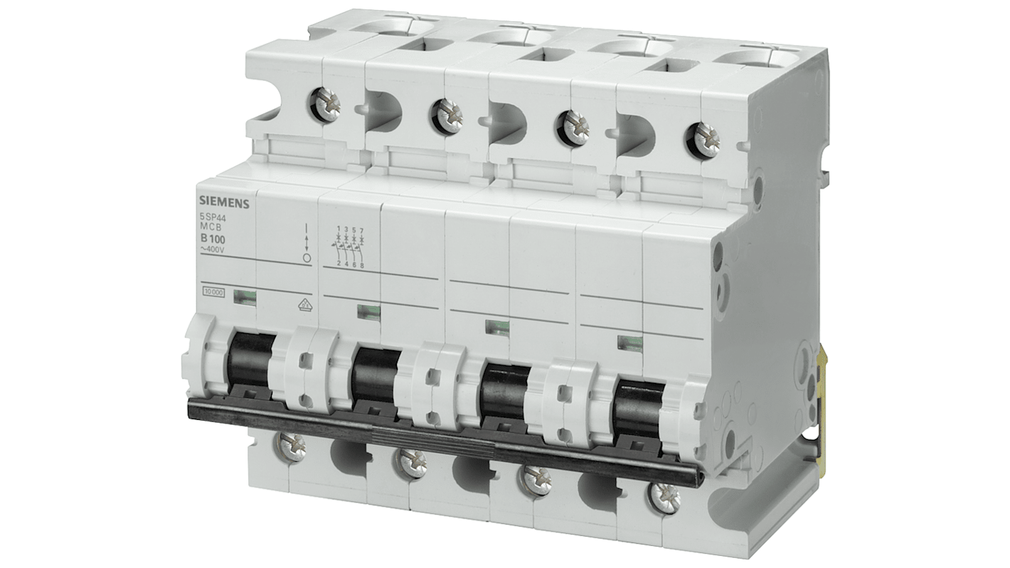 Interruttore magnetotermico Siemens 5SP4480-6, 4 poli, 80 A, 400 V, montaggio su guida DIN, dimensioni 90x108x76 mm.