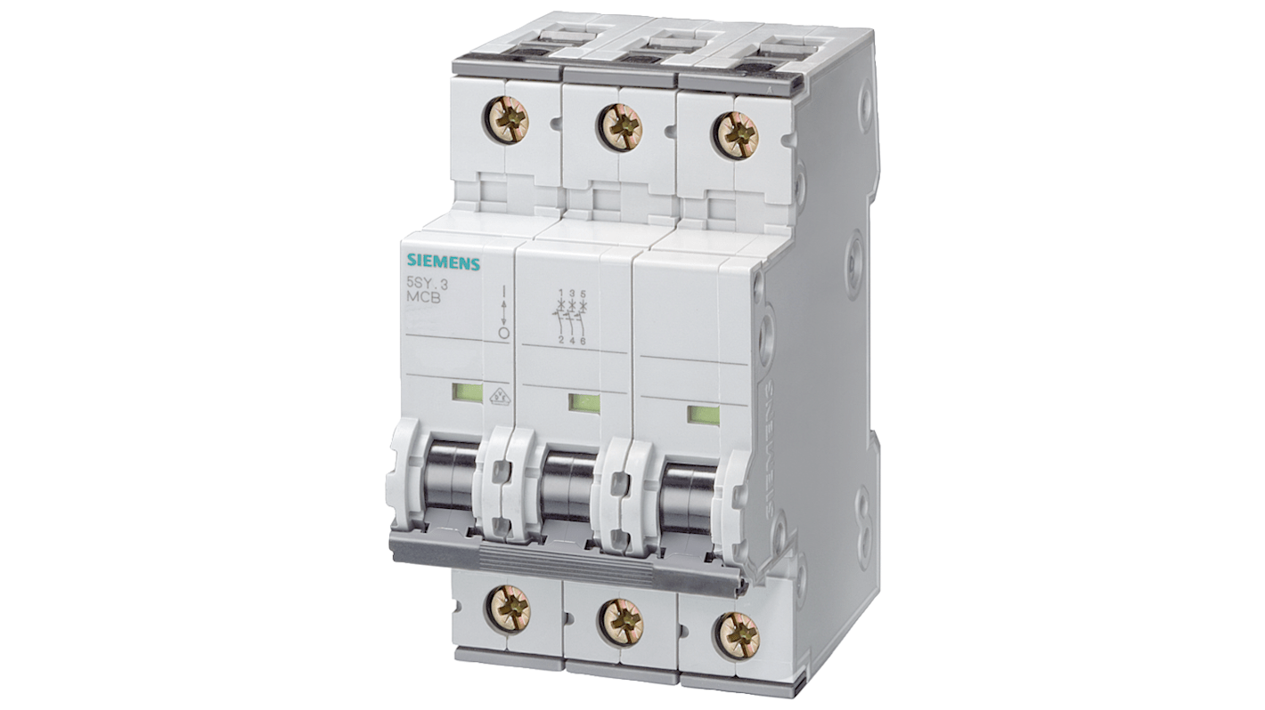 Interruttore magnetotermico Siemens 5SY6363-6, 3 poli, 63 A, montaggio su guida DIN, dimensioni 54x90x76 mm, grado di protezione IP20.