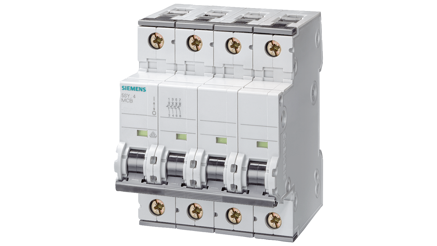 Interruttore automatico miniaturizzato Siemens 5SY7410-7 4P 10A 15 kA, Tipo C. Protezione contro cortocircuiti per impianti elettrici. IP20, 400 V c.a.