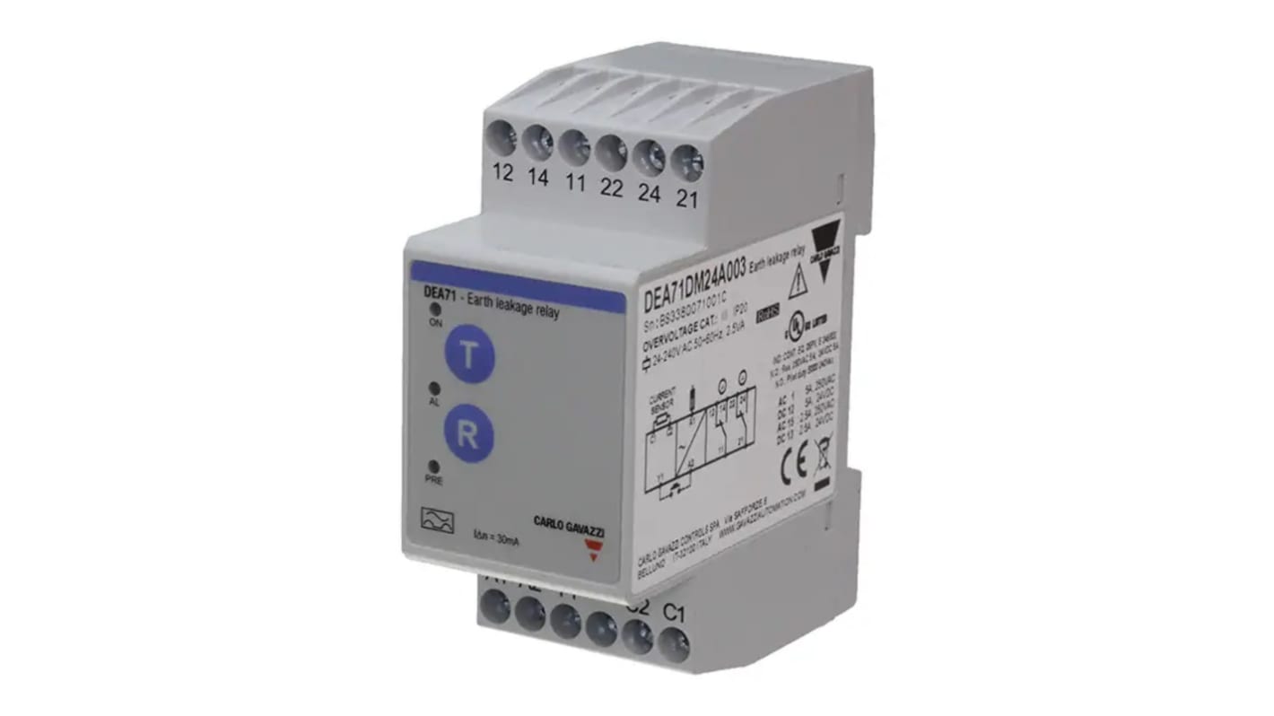 Carlo Gavazzi DEA71DM24A003, relè di monitoraggio perdite di terra, 30mA, montaggio su guida DIN, dimensioni 67.7 x 35.5 x 81mm.