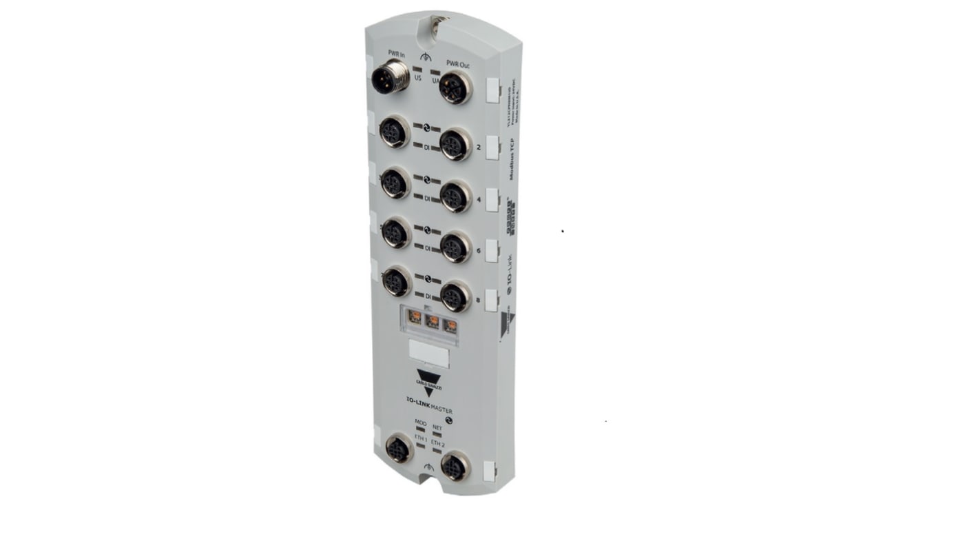 Scatola sensore Carlo Gavazzi YL212CEI8M1IO, master io-link slimline con 8 porte M12, supporto Ethernet/IP e Modbus TCP.