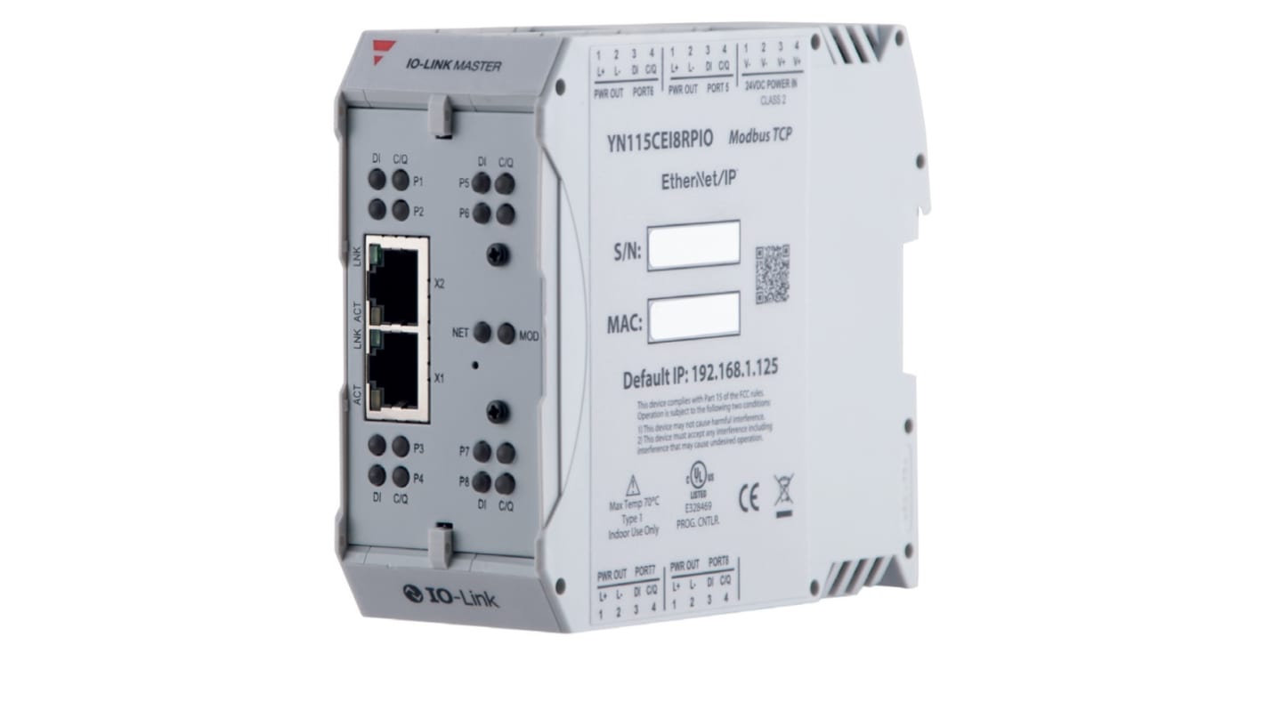 Carlo Gavazzi YN115CEI8RPIO, modulo master IO-Link per guida DIN con otto porte, supporto Ethernet/IP e Modbus/TCP.