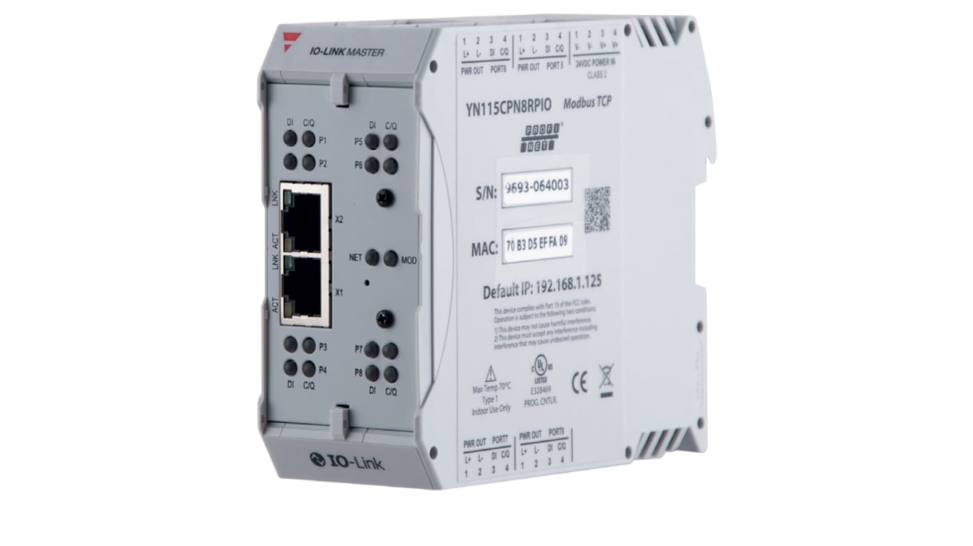 Carlo Gavazzi YN115CPN8RPIO, modulo master IO-Link con otto porte, montaggio su guida DIN, tensione 18-30V cc.