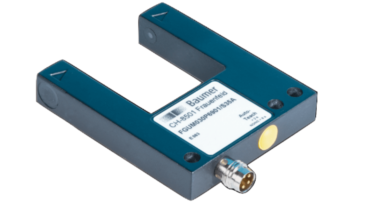 Sensore fotoelettrico a forcella Baumer FGUM 030P6901/S35A, rilevamento a 30 mm, uscita PNP, connettore M8, IP 67.