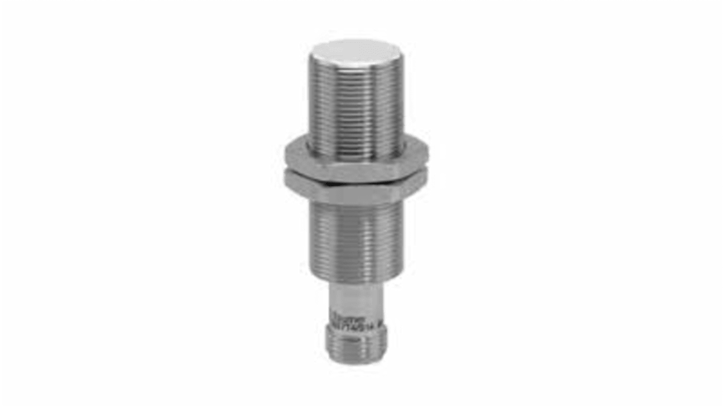Sensore di prossimità cilindrico Baumer IWRR 18I97T4/S14, rilevamento 7 mm, uscita 4-20 mA, montaggio M12, acciaio inox, IP67.