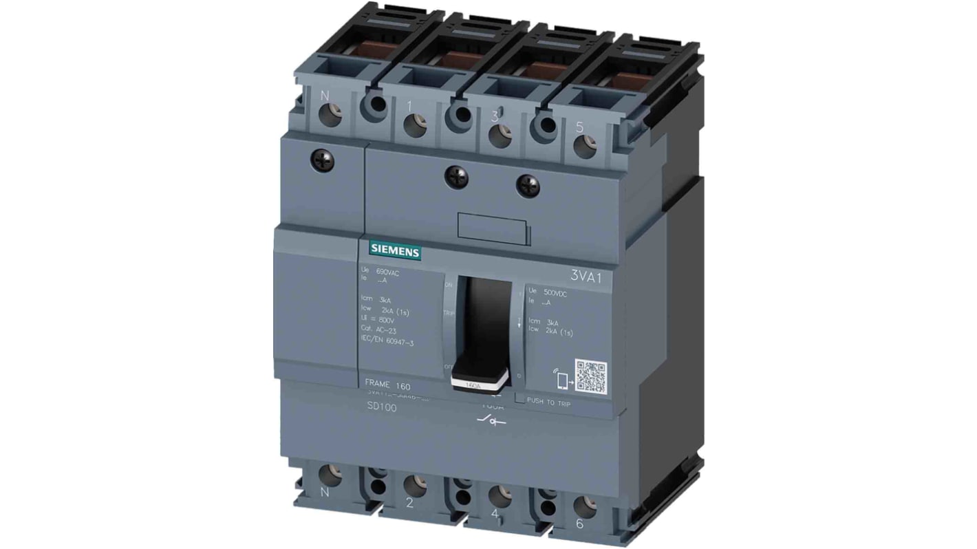 Interruttore di isolamento Siemens 3VA1110-1AA46-0AA0, 4 poli, 100A, grado di protezione IP40, installazione fissa e a innesto.