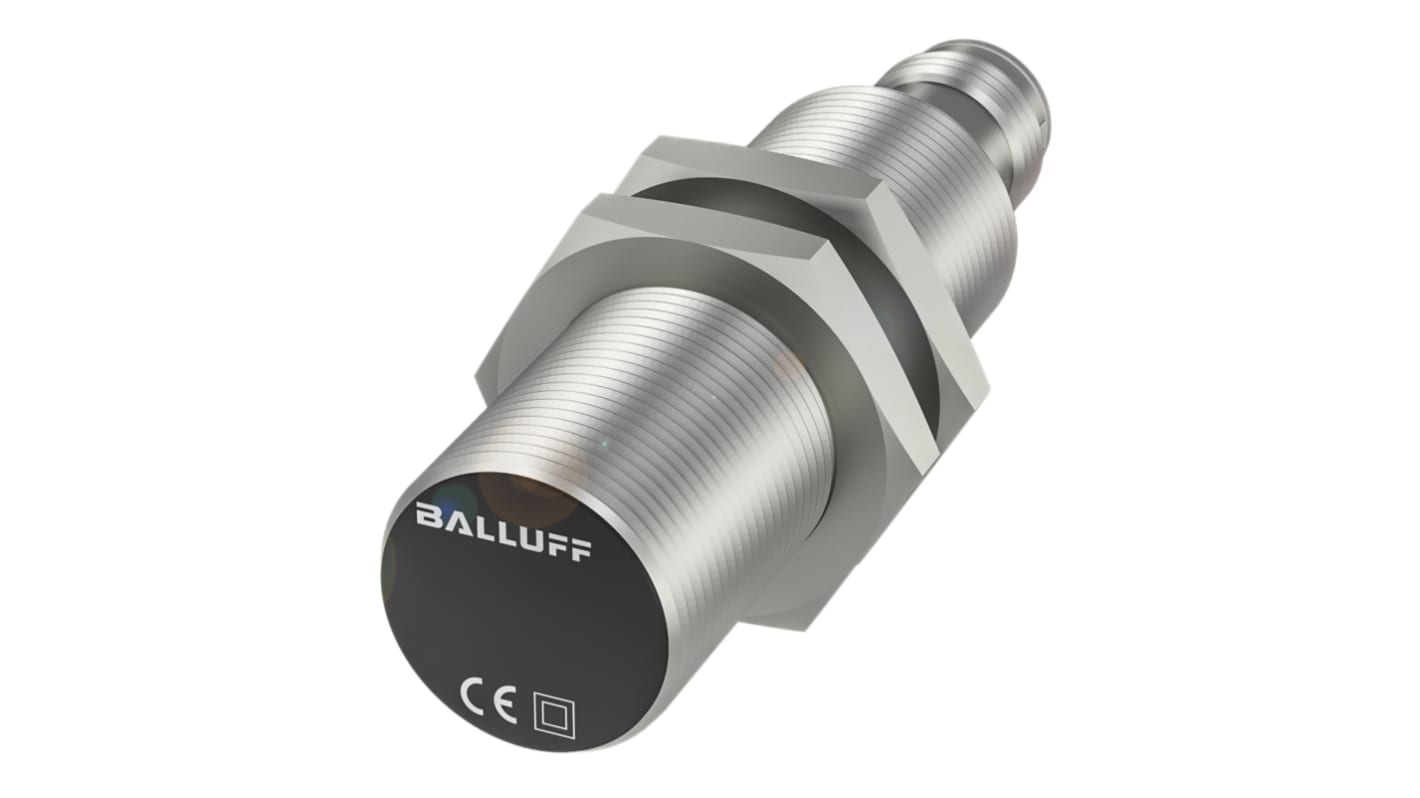 Sensore di movimento cilindrico PNP BALLUFF BES M18MI-POC80B-S04G, rilevamento metallo 8 mm, IP68, connettore M12, lunghezza 66 mm.