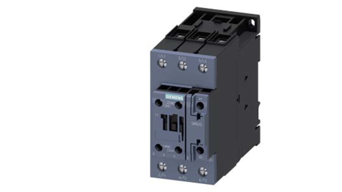 Contattore reversibile Siemens 3RT2036-1AR60, 3 poli, 1 NO + 1 NC, potenza 22 kW, tensione 400 V, parte del sistema Sirius.
