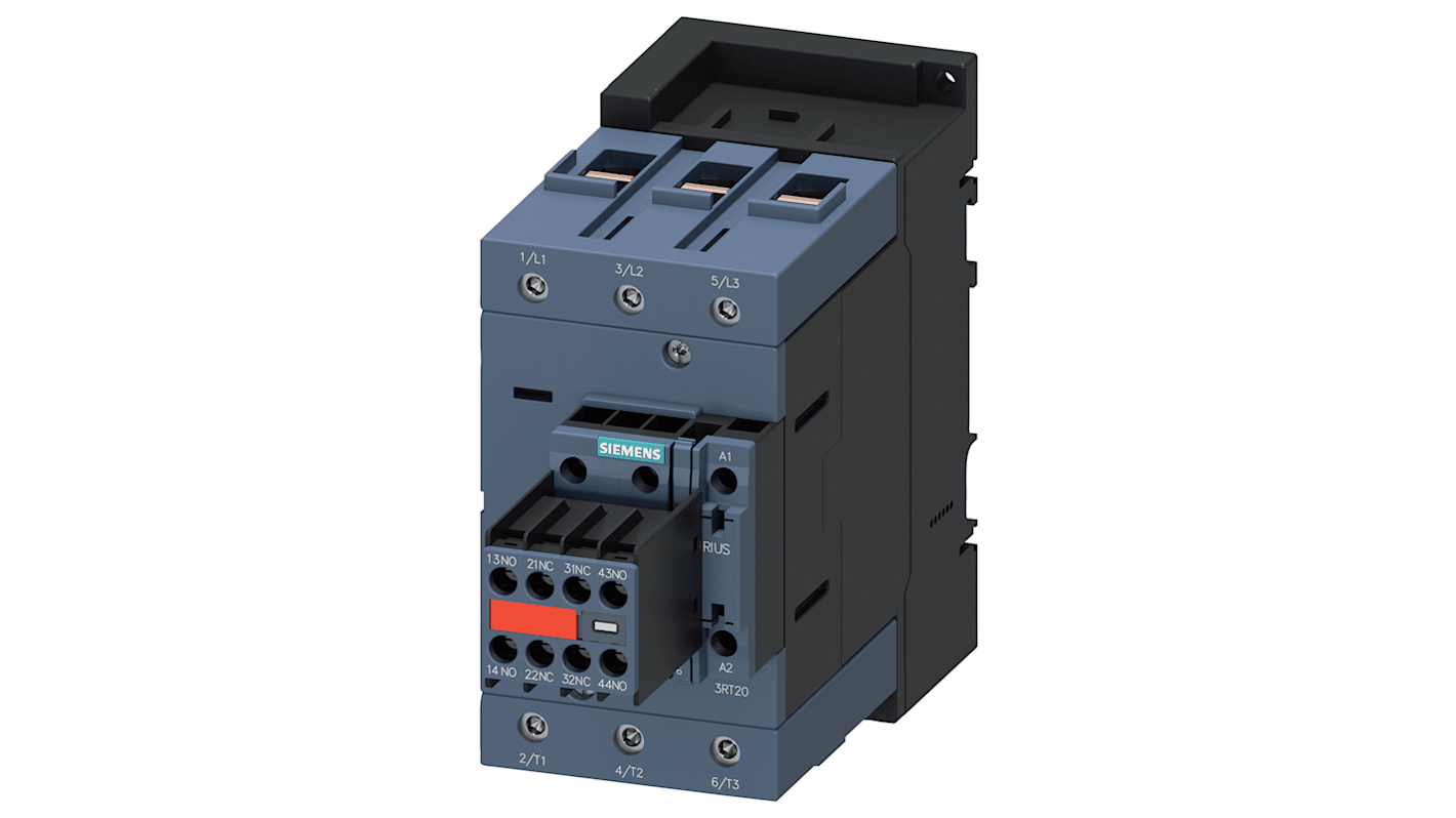 Contattore reversibile Siemens 3RT2046-1KB44-3MA0, 3 poli, 2 NO + 2 NC, potenza 45 kW, corrente 95 A, tensione 24 V c.c.