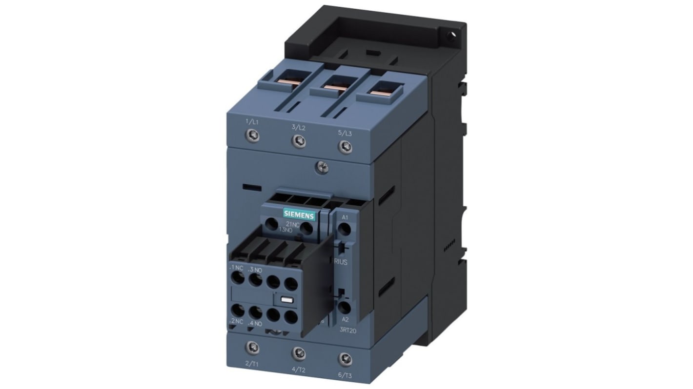 Contattore reversibile Siemens 3RT2047-1AP04, 3 poli, 2 NO + 2 NC, potenza 55 kW, tensione 400 V, design compatto.