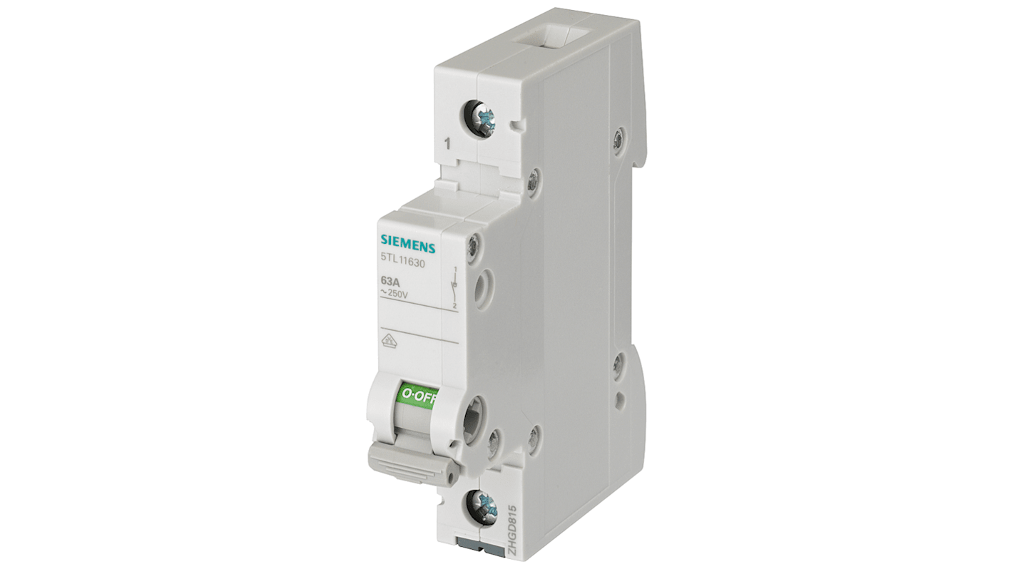 Interruttore di isolamento Siemens 5TL1163-0, 1P, 63A, per montaggio su guide standard, progettato per il controllo di impianti elettrici.