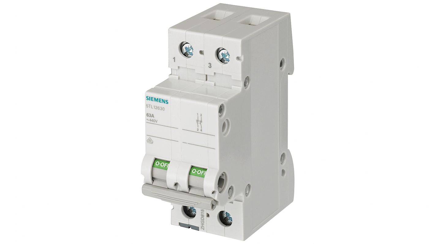 Interruttore di isolamento Siemens 5TL1240-0, 2 poli, 40A, montaggio su guida standard per controllo impianti elettrici.