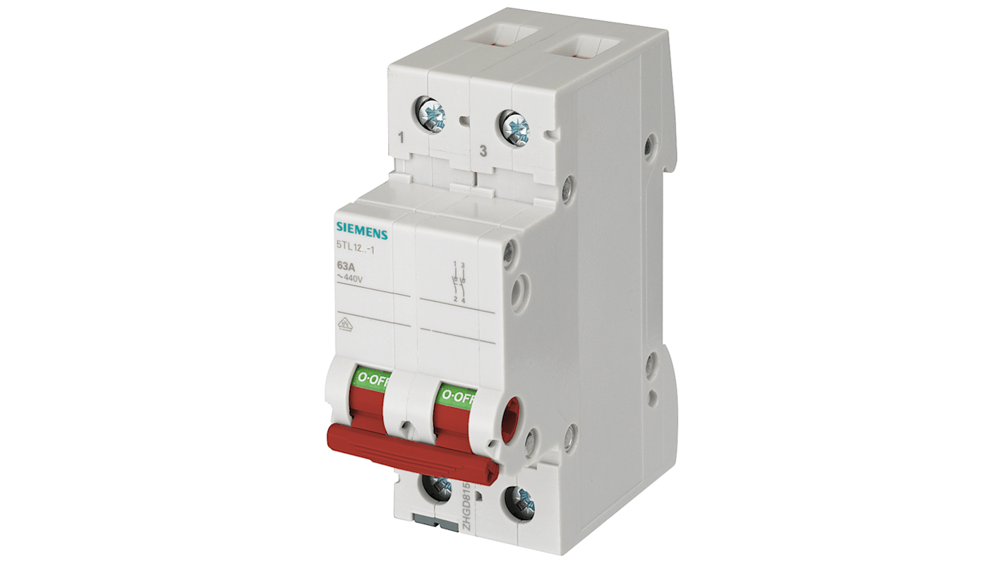 Interruttore di isolamento Siemens 5TL1291-1, 2 poli, 100A, montaggio su guide standard, per controllo impianti elettrici.