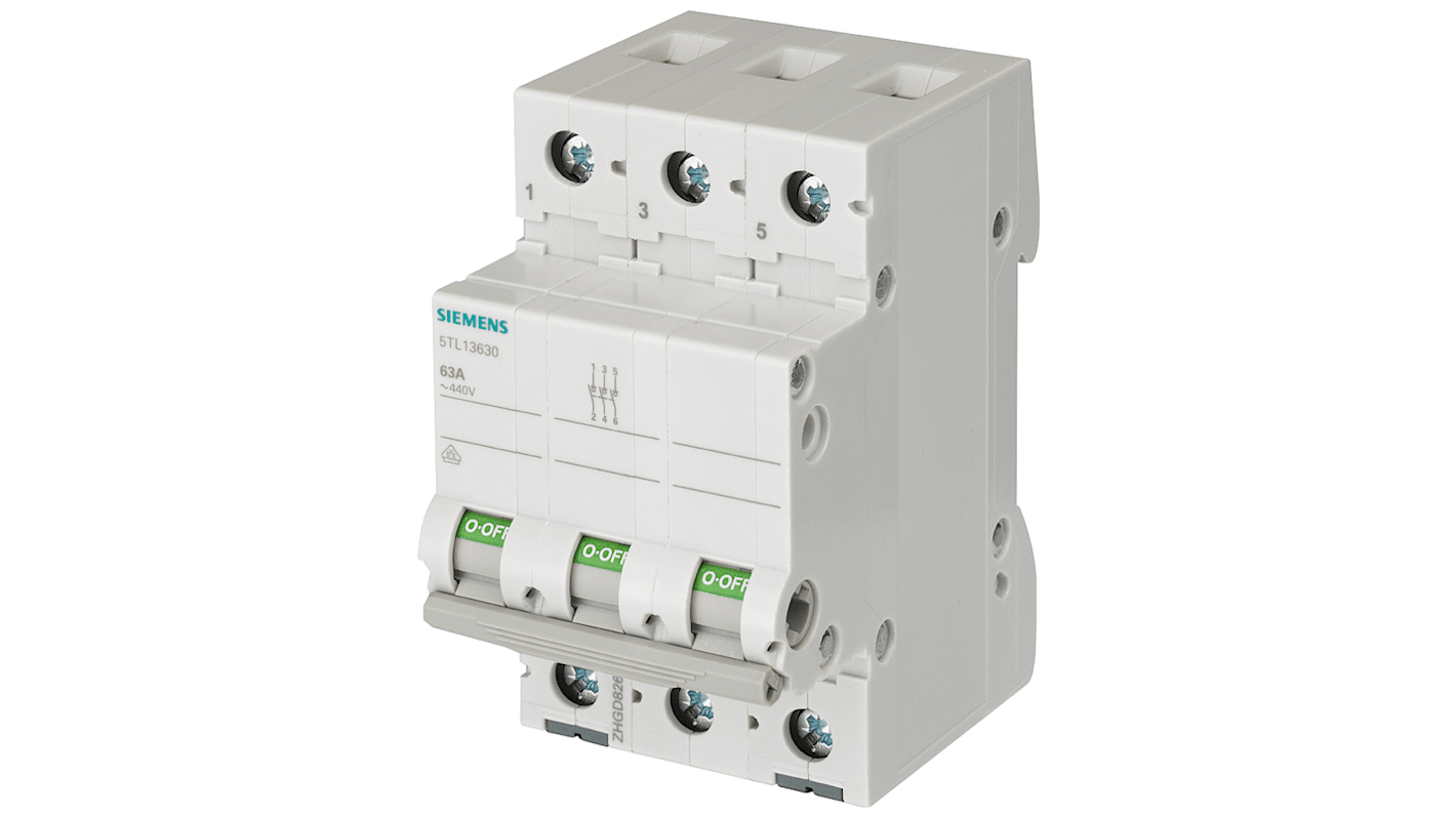Interruttore di isolamento Siemens 5TL1380-0, 3 poli, 80A, per montaggio su guide standard, progettato per il controllo di impianti elettrici.