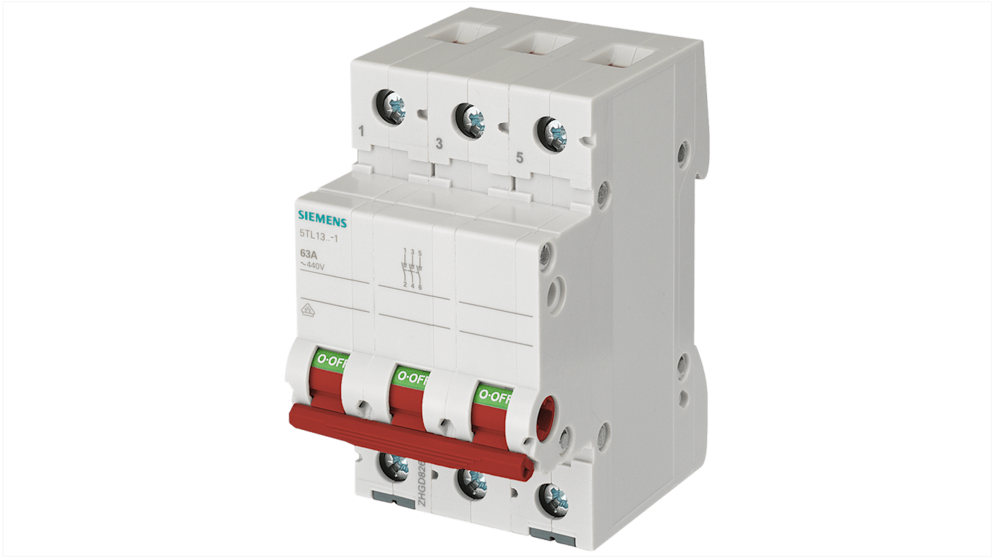 Interruttore di isolamento Siemens 5TL, 3 poli, 100A, per montaggio su guide standard, progettato per il controllo di impianti elettrici.