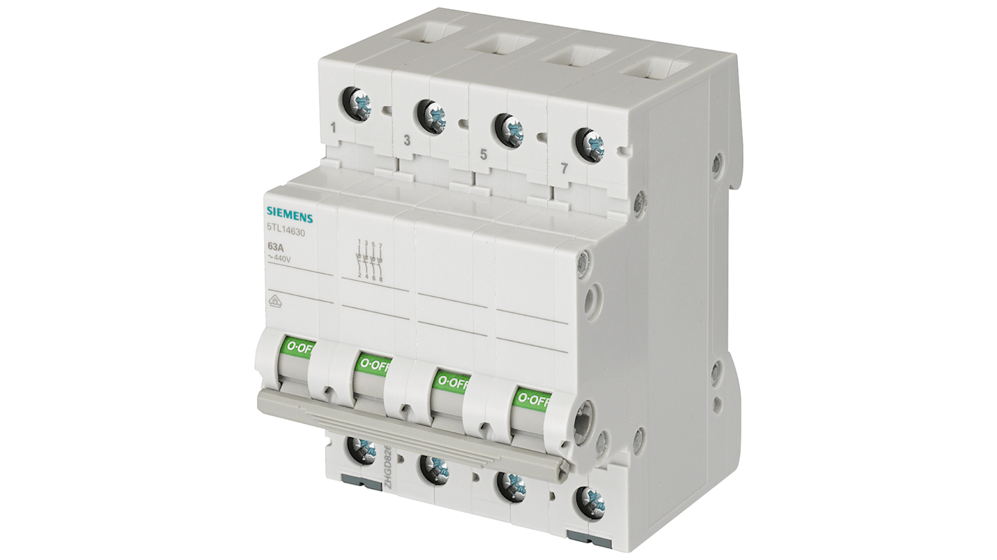 Interruttore di isolamento Siemens 5TL1463-0, 4 poli, 63A, per montaggio su guide standard, progettato per il controllo di impianti elettrici.