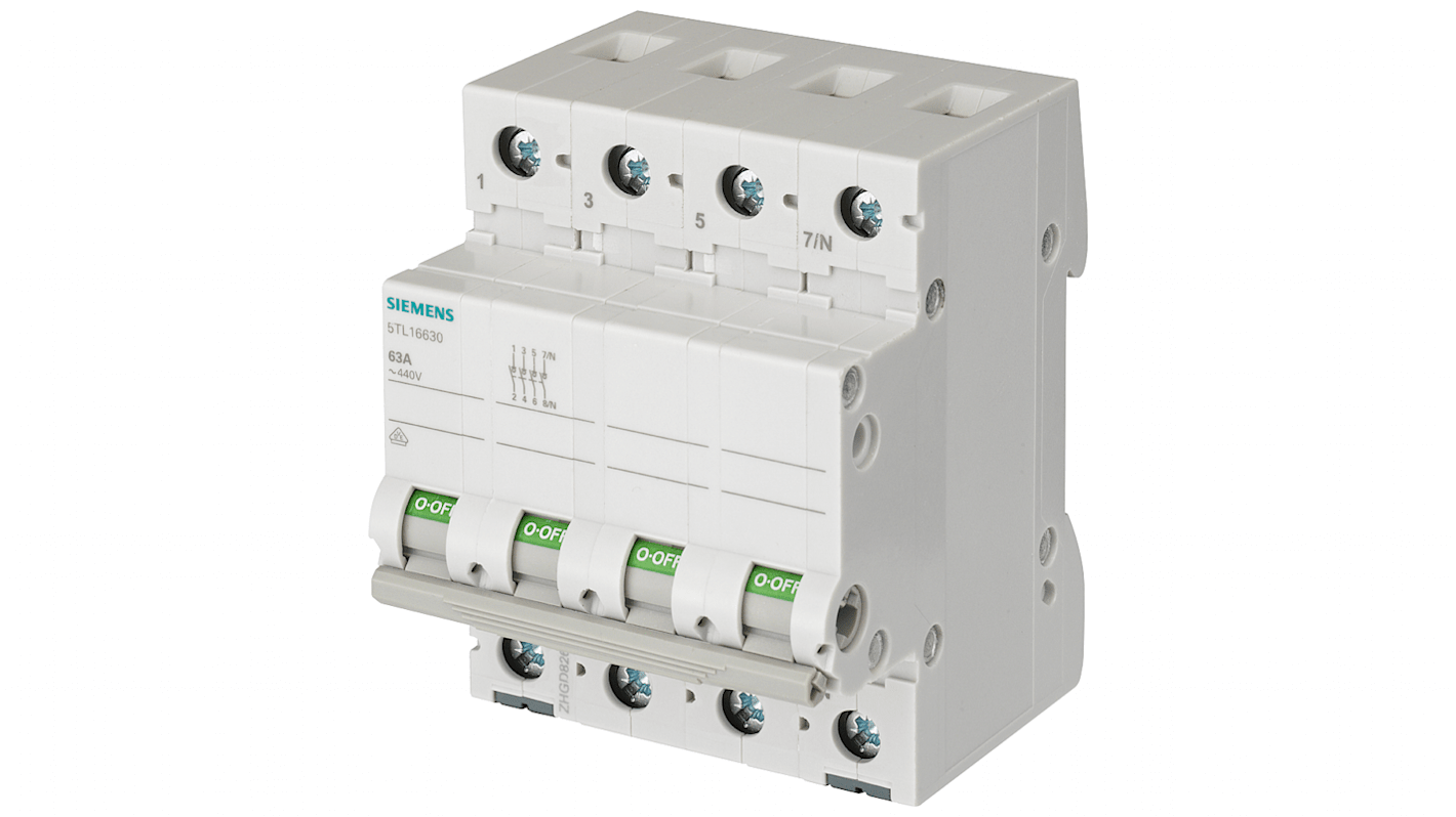 Interruttore di isolamento Siemens 5TL1491-0, 4 poli, 100A, per montaggio su guide standard, progettato per il controllo di impianti elettrici.