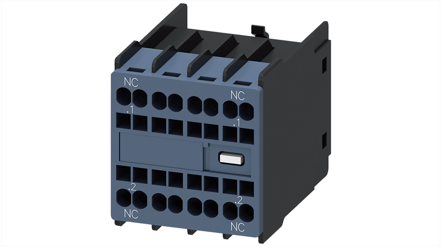Siemens 3RH2911-2NF02, modulo contatti 2NC per contattori 3RT2, montaggio a innesto, corrente 300 mA, tensione 690 V.