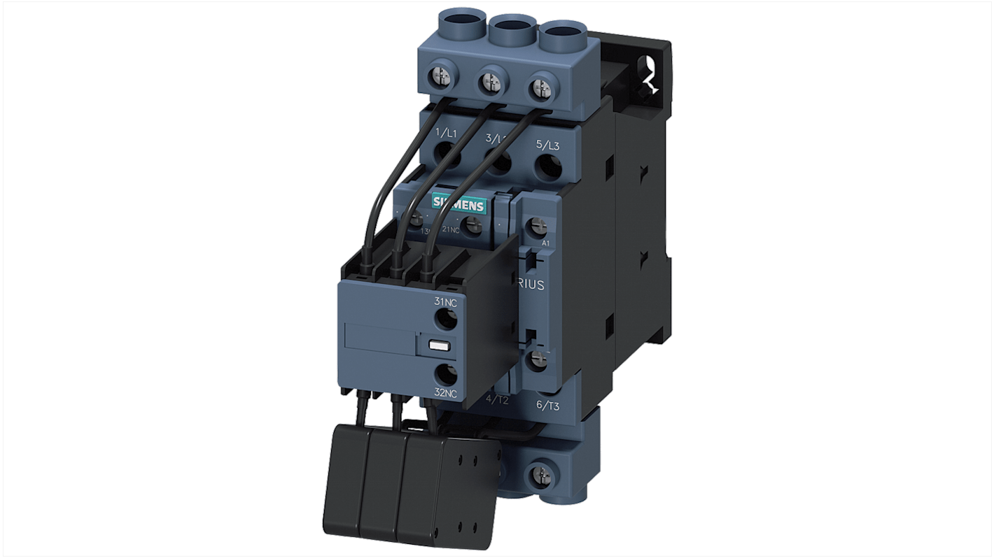 Contattore Siemens 3RT2628-1AP05 per commutazione condensatore, 3 poli, 1NO + 2NC, 230 V c.a., 47,6 A, design compatto.