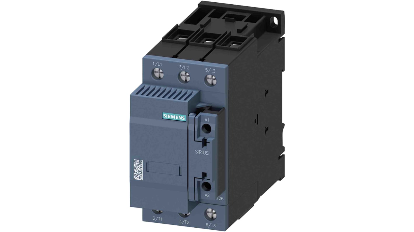 Contattore Siemens 3RT2637-1AP03 per commutazione condensatore, 3 poli, 1 contatto NO e 1 NC, 230 V c.a., 108 A.