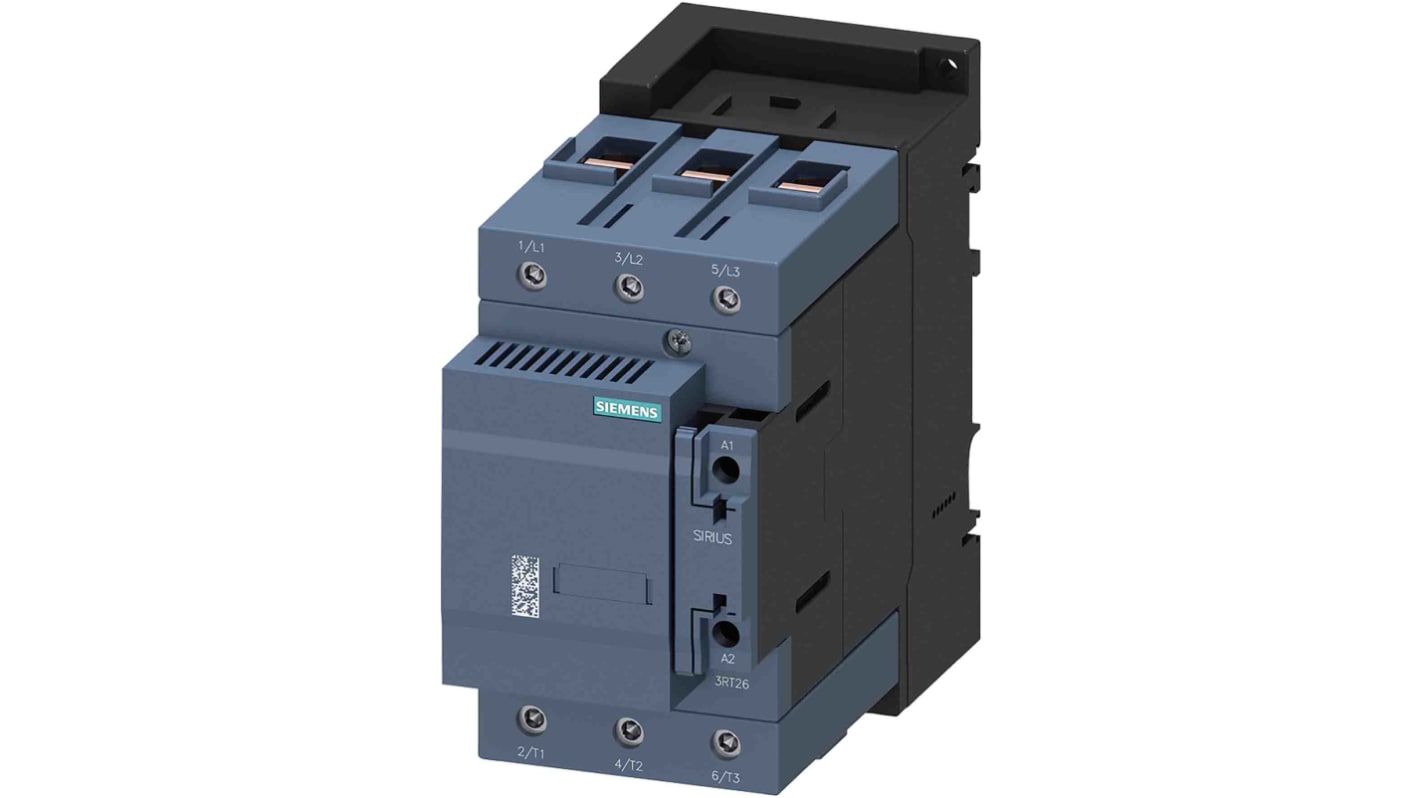 Contattore Siemens 3RT2646-1AP03 per commutazione condensatore, 3 poli, 144 A, 230 V c.a., design compatto e resistente.